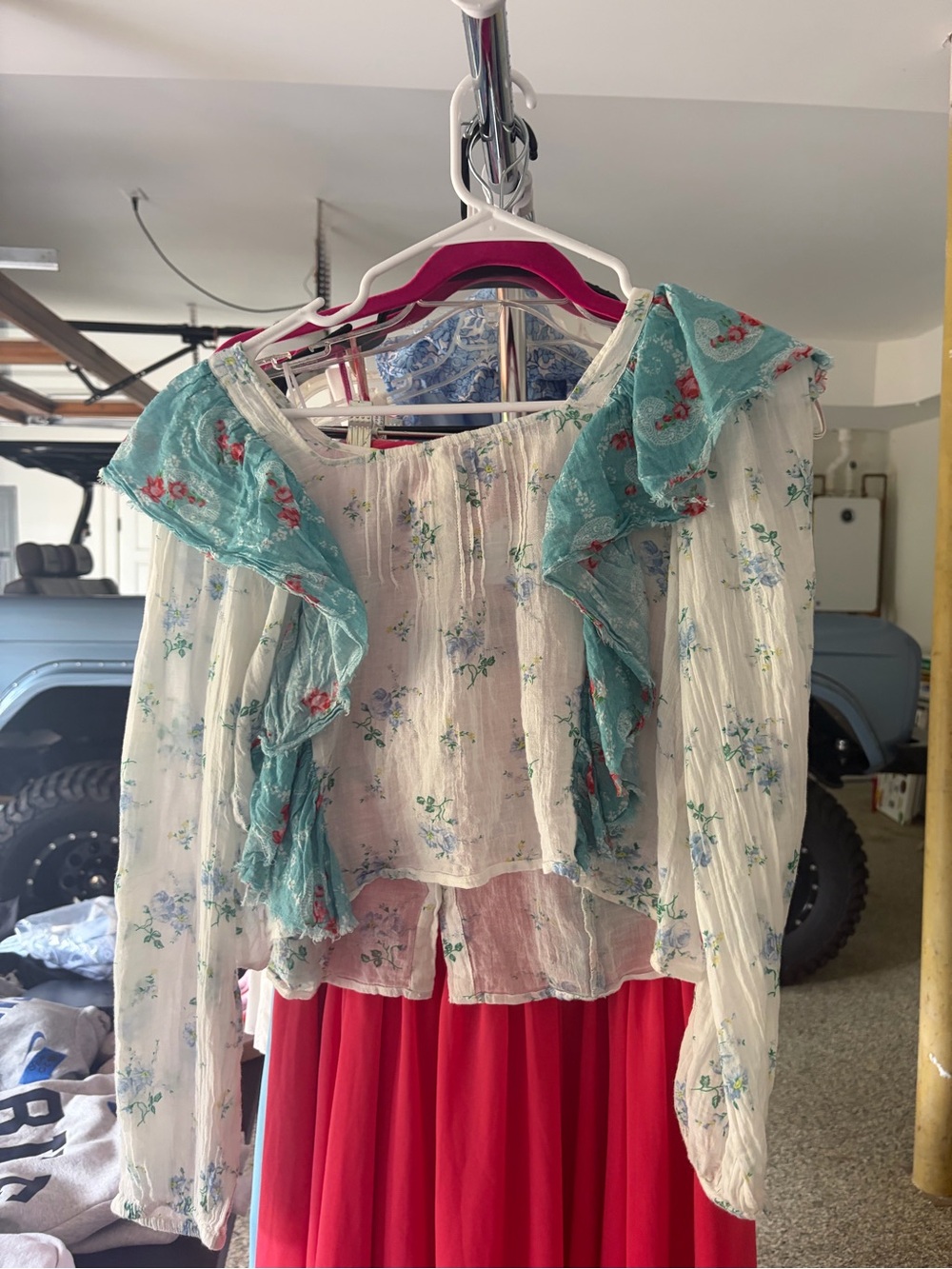 LoveShackFancy Cream Peasant Blouse with Teal Floral Ruffle